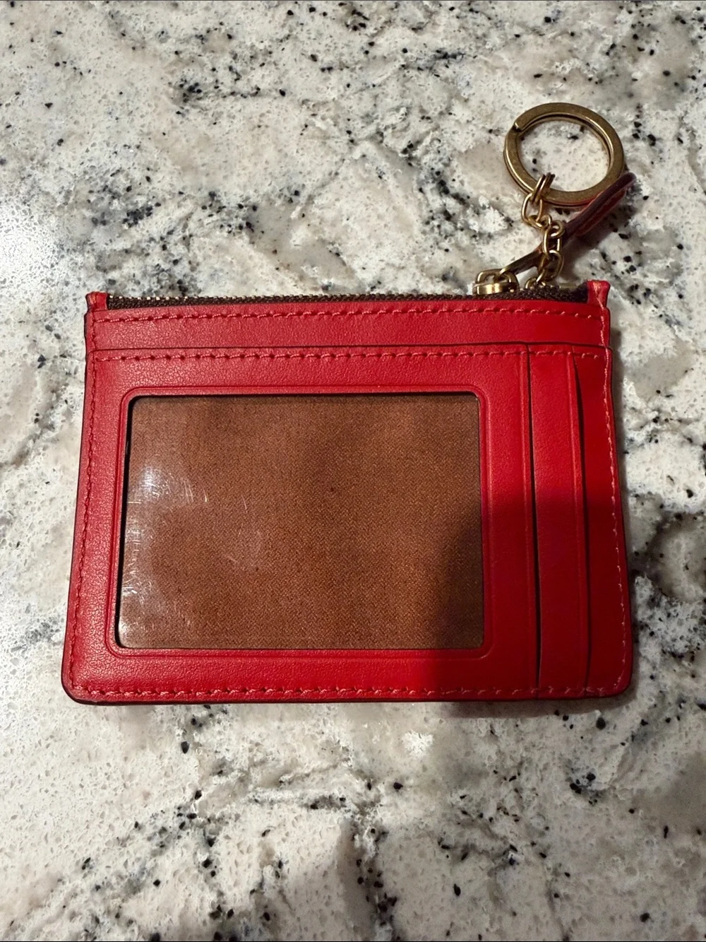 Coach Brown Signature Canvas Card Holder with Red Trim Keyring